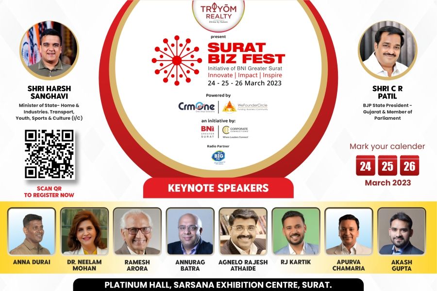 BNI hosts the biggest business festival, “The Surat Biz Fest,” presented by Tryom Realty, powered by CRMONE and We Founder Circle.   