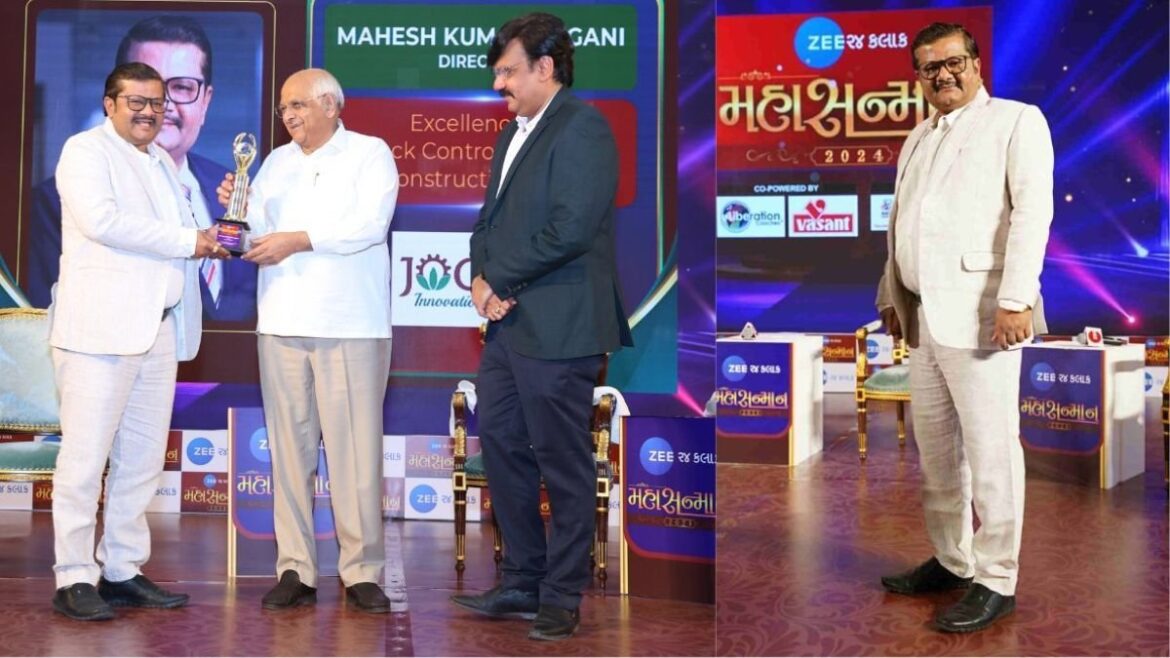 Mahesh Kumar Jogani of Jogani Reinforcement proudly accepts a prestigious award presented by the Honorable Chief Minister of Gujarat, Shri Bhupendra Patel